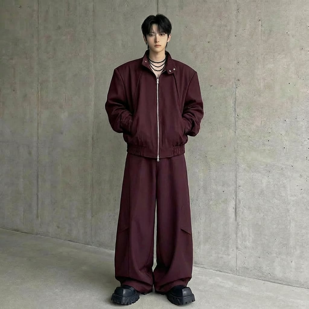 スタンドカラージッパー装飾ジャケット&ワイドレッグパンツセットアップ 2カラー D11925