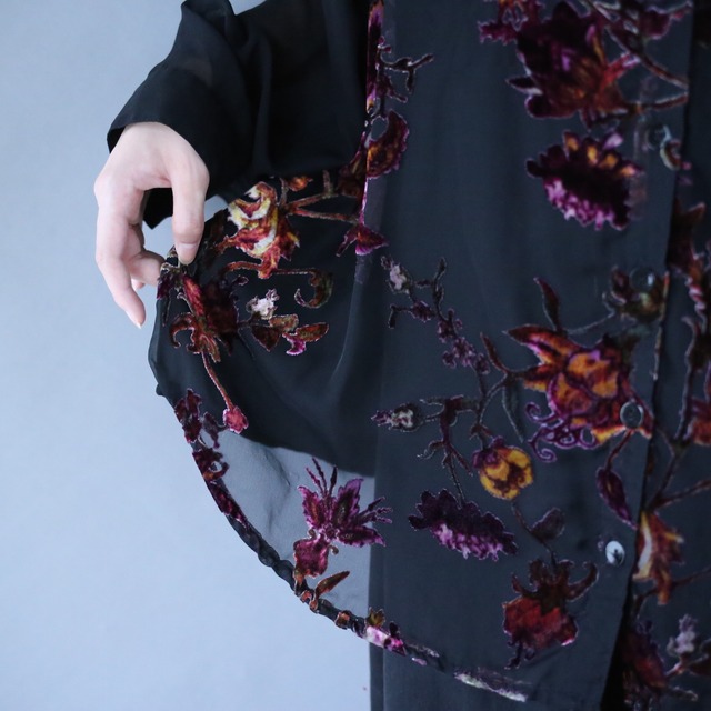 flower velours pattern loose black see-through shirt