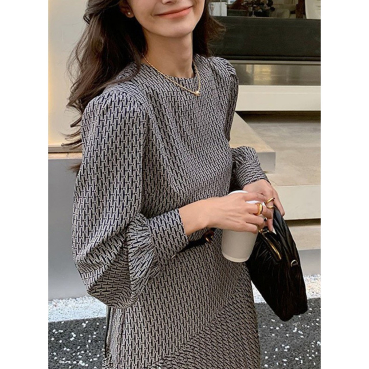 ジオメトリック柄 プリーツ ワンピース W01420