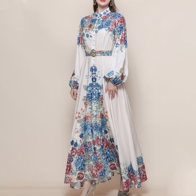 ロングワンピース 花柄 シングルブレスト レトロ エキゾチック ブルー