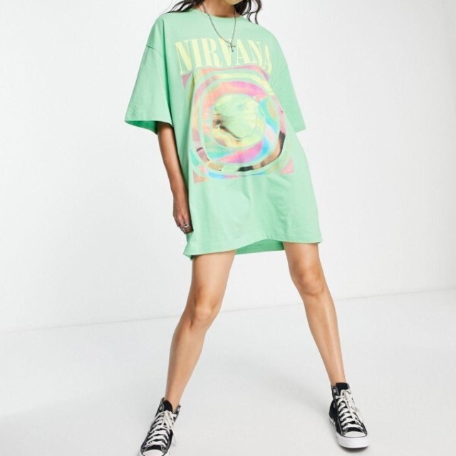 【ASOS DESIGN】グリーン ニルヴァーナプリント Tシャツドレス オーバーサイズ
