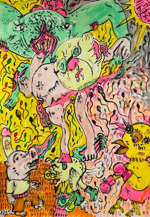 原画・着色ドローイング「しゃらくせー！死体は語る晩秋の黄土色の蠢き」 B6