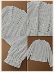 Poésie Bleue Embroidered Ruffle Blouse F0785