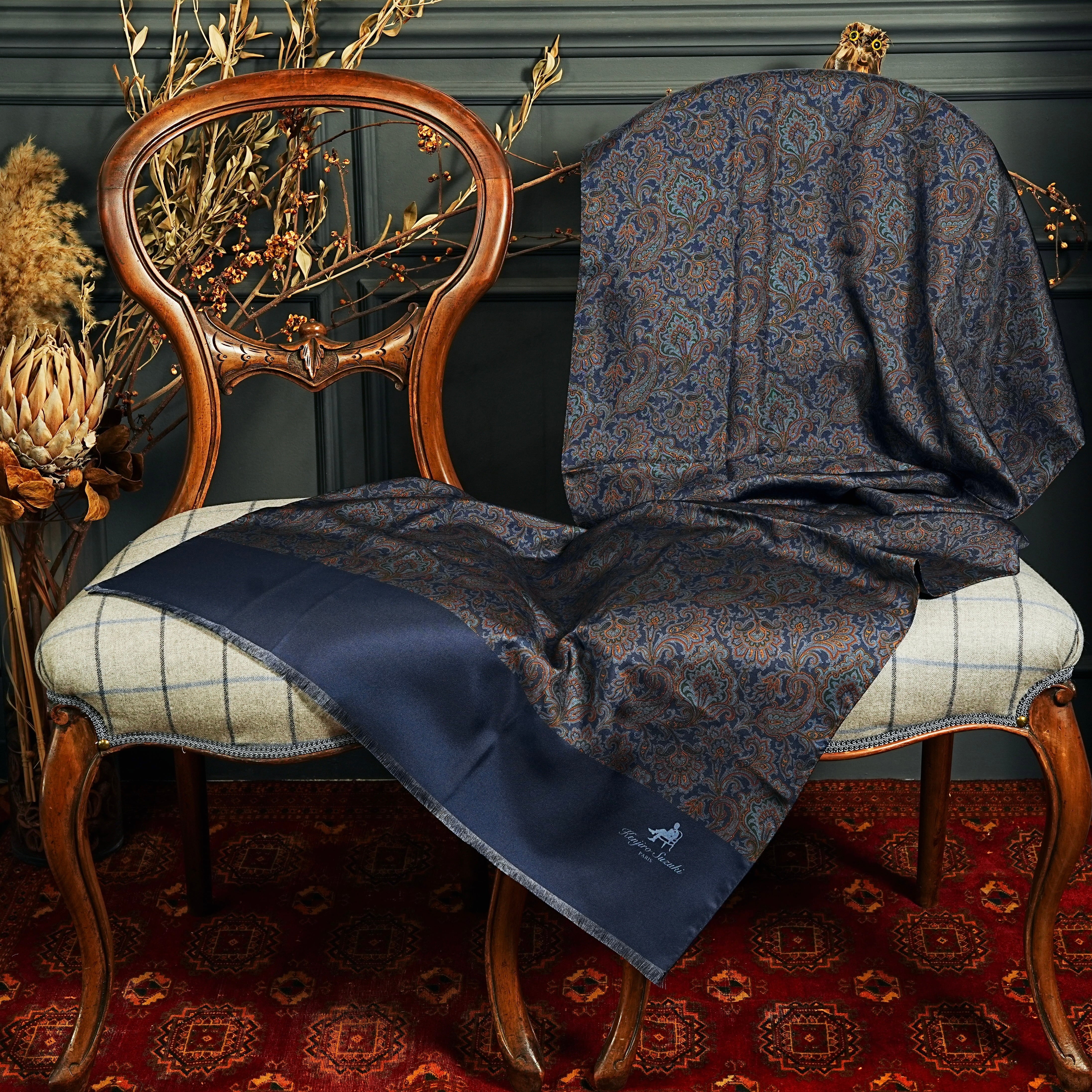 Men's pure silk scarf " paisley " Bleu