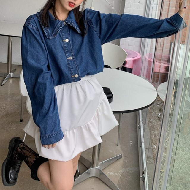 デニムシャツ フリル ガーリー 長袖 オーバーサイズ ビッグサイズ デニム シャツ 大人 デート お出かけ 旅行 女子会 韓国 韓国ファッション オルチャン 可愛い おしゃれ レディース Fa10 Musubi Me 韓国 オルチャン レディースファッションのお店