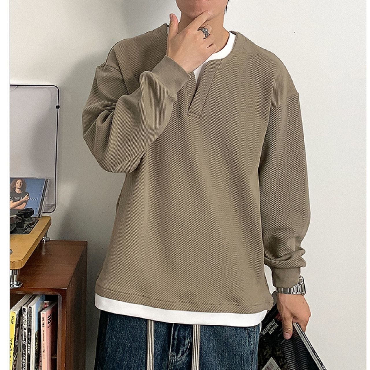 フェイクツーピース重ね着風ロングTシャツ　1125