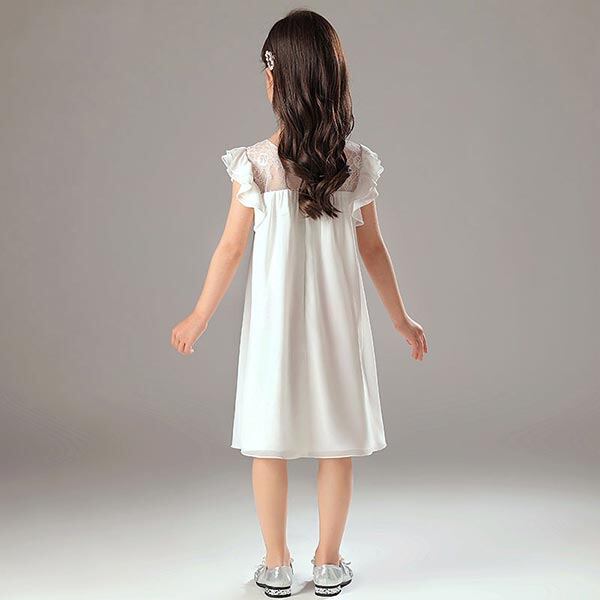 ドレス 白 礼服 子供 小学生 中学生 女の子 結婚式 フラワーガール リングガール ミディ丈 アシンメトリー ミドル丈 ホワイト レース袖 ヘム フィッシュテール 衣装 ピアノ発表会 夏 快適 涼しい パーティードレス 高級 上品 110 1 130 140 150 160 Cm