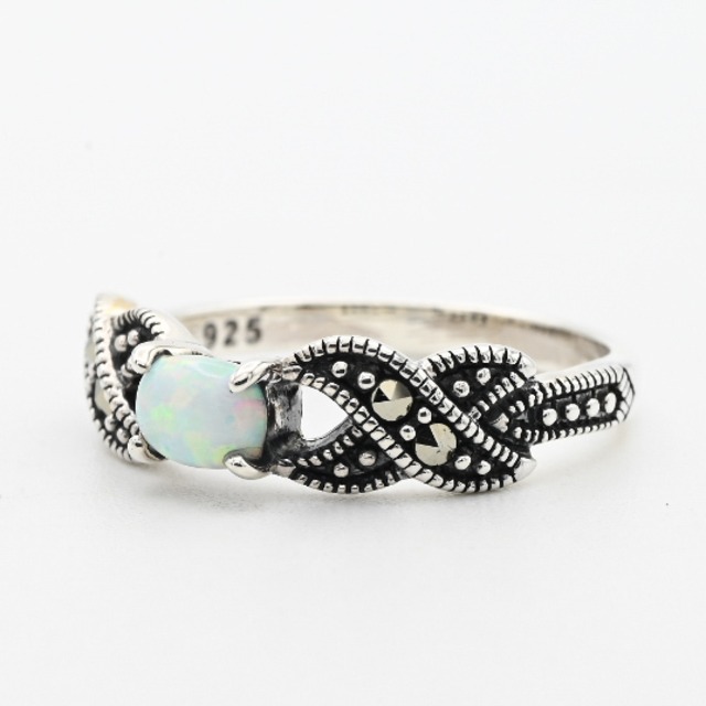 White Opal / Marcasite Accent Dainty Design Ring #11.0 / Denmark
