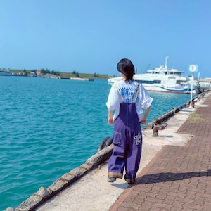 WAIT… DINOSAUR & SHARK? Overalls 「恐竜とサメ？」と聞かれる恐竜＆サメ刺繍 チェック切替ゆるだぼサロペット【細身も安心のキャラ立ち】