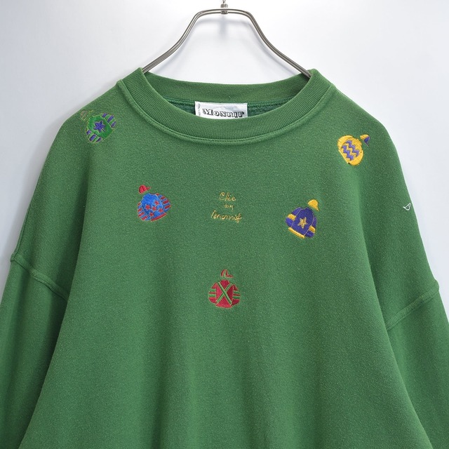 80s 90s MONRIF モンリフ スウェット ジョッキー 勝負服 競馬 刺繍 ドロップショルダー ショート丈 トレーナー USED ヴィンテージ ビンテージ 古着 メンズ L〜XL相当