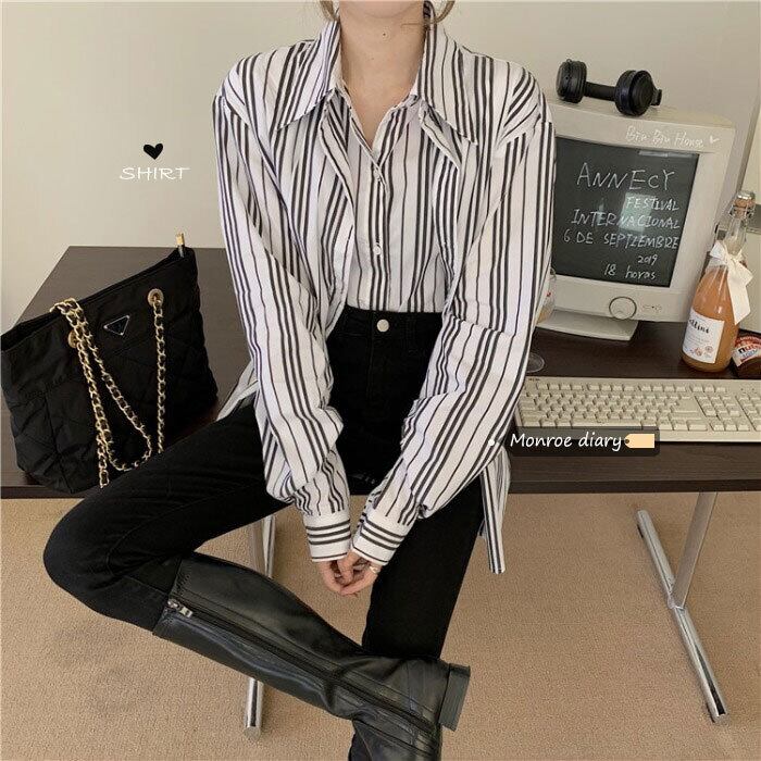 スタンダードトップス レディーススタイルストライプシャツ オータムウィンタージャケット ロング レトロ 秋物 冬物 モンロー3505467945