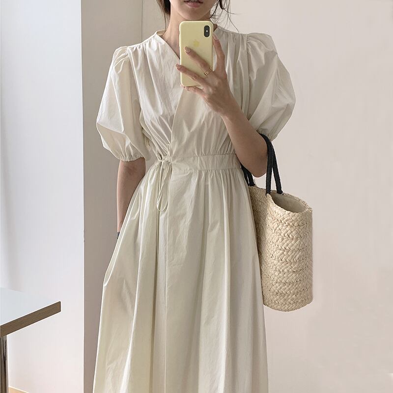 ワンピース ドレス カシュクール リボン ロング フェミニン フェミニンシック ハイウエスト袖コンシャス Vネック