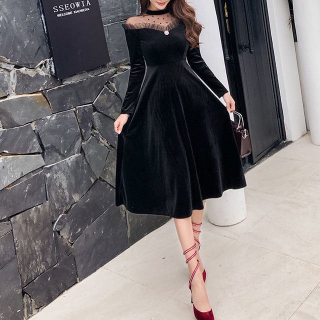 ベルベット ベロア 長袖ロングワンピース 胸元シースルー ドレス