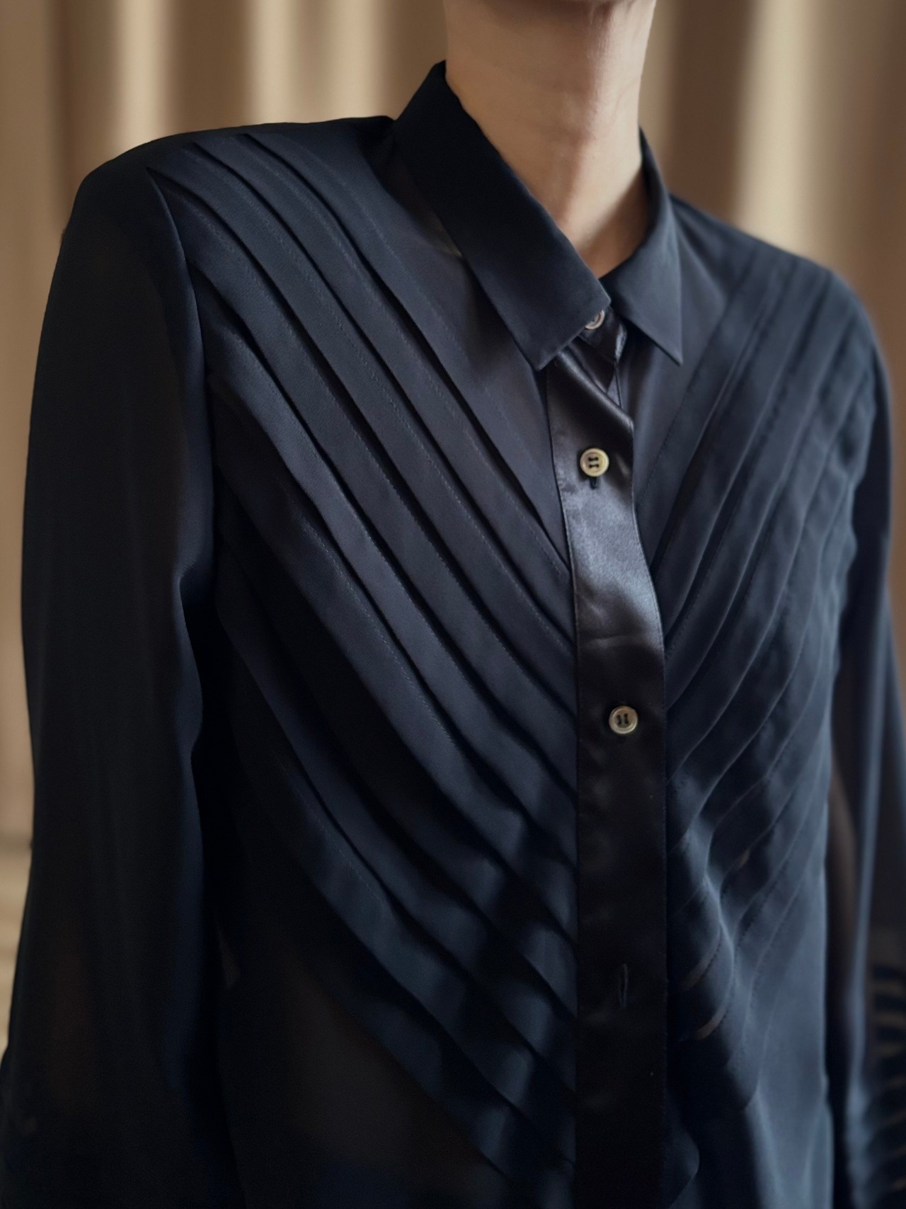 tuck pleats design black sheer shirt-4883-9