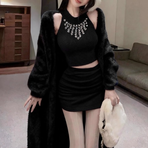 【3点セット】ファーコーディガン＋ビジューニットトップス＋スカート ・13260