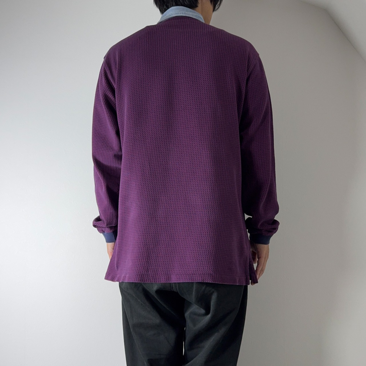 90s LANS'END L/S Denim collar polo Houndstooth L 古着 - 15