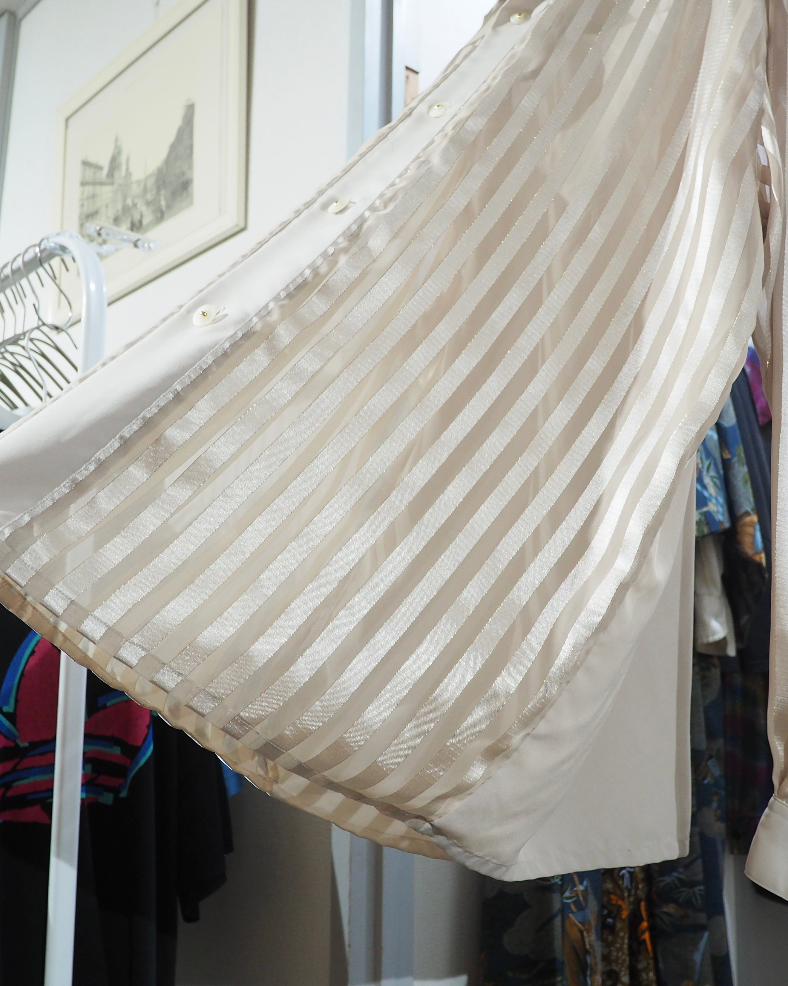 1990s " PRONTI " Sheer stripe Design vintage Drape loose Open collar Shirt