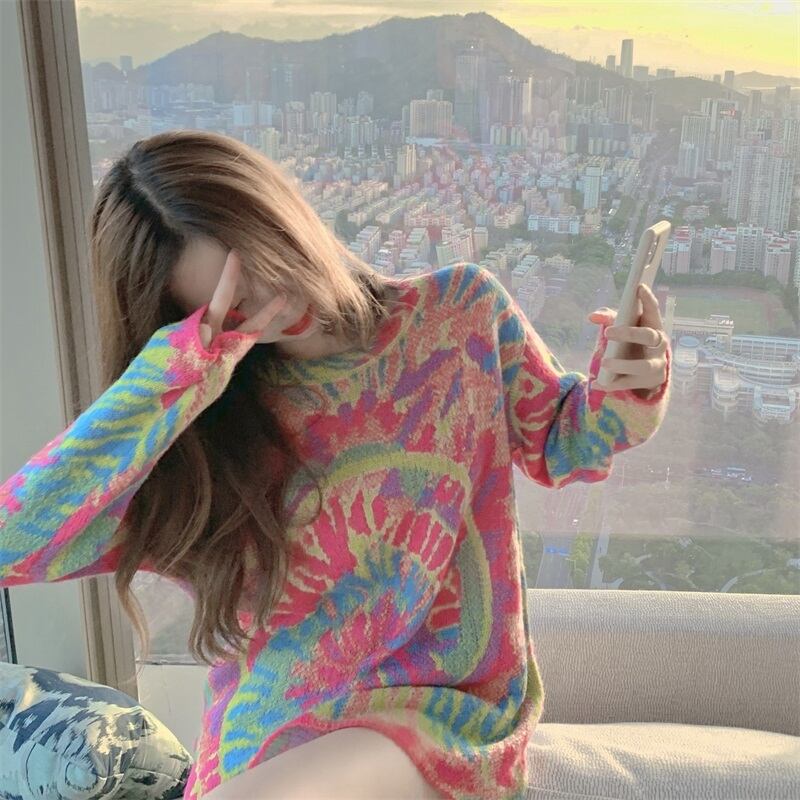 カラフルな絞り染めのニットセーターの女性は、ゆったりとした怠惰なスタイルの長袖プルオーバージャケット2020新しいアウタージャケットに落ちる ブラックストロベリース74740524454