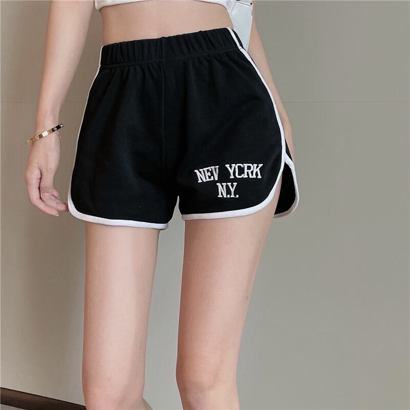 カジュアルパンツ サマー薄手ストレッチウェストAラインショーツ ハイウェストルーズスリムブラック エラスティック 伸縮 夏物 ブルマー ブラックストロベリース60169063530