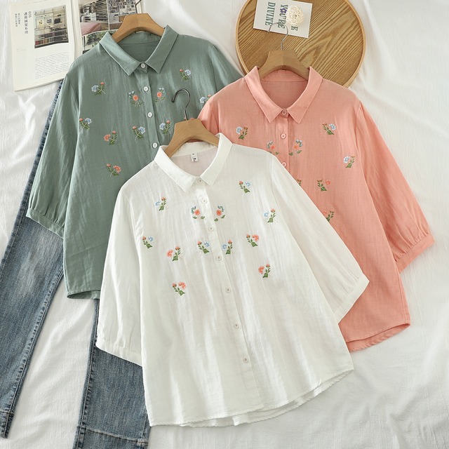 シャツ 刺繍入りシャツ 七分袖シャツ 花柄刺繍 レディース トップス 羽織 前開き 7分袖 袖あり 襟付き 角襟 刺繍 前開き ボタン ギャザー ダブルガーゼ かわいい 大人可愛い シンプル カジュアル おしゃれ レトロ アジアン ラフ ベーシック カントリー ナチュラル 大人カジュアル 無地 花柄 フラワー 柄 春 夏 ママ 20代 30代 40代 休日 コーデ プチプラ 普段使い 定番 M L ゆったり ゆる 白 ホワイト ピンク 緑 グリーン ベーシックカラー 大人カラー 春カラー くすみカラー