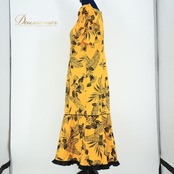 【美品 フラダンス衣装】イエロー T&L MUUMUU FACTORY ワンピース ドレス 黄 黒 ブラック レフア柄 鮮やか 華やか リボン 花柄