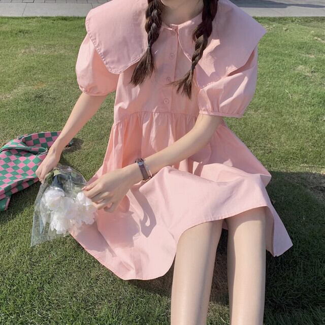 ワンピース レディース ミニワンピ 膝上丈 ショート丈 ビッグカラー ガーリー ハイウエスト パフスリーブ スクエアネック 旅行 デート お出かけ ショッピング おしゃれ 可愛い 無地 ピンク/ホワイト S/M/L/XL