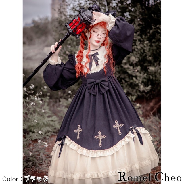 お支払い確認後日以内発送 Romelcheo ゴスロリ ビッグスイング ワンピース ゴシック ロリータ ドレス プリンセスライン ロング 裾フリル ボリューム袖 リボン 十字架 クロス 刺繍 黒ロリ 赤ロリ 長袖 原宿系 青文字系 エレガント レトロ クラシック ガーリー