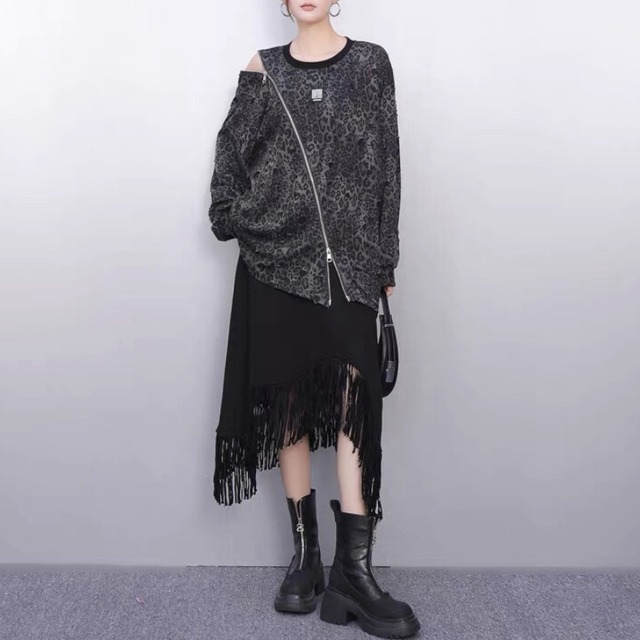 Diagonal zip leopard pullover【2color】 C1335