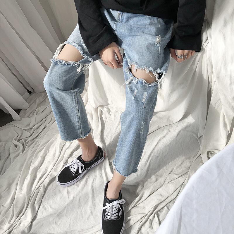 全1色 デニム パンツ ストレート カジュアル ダメージ