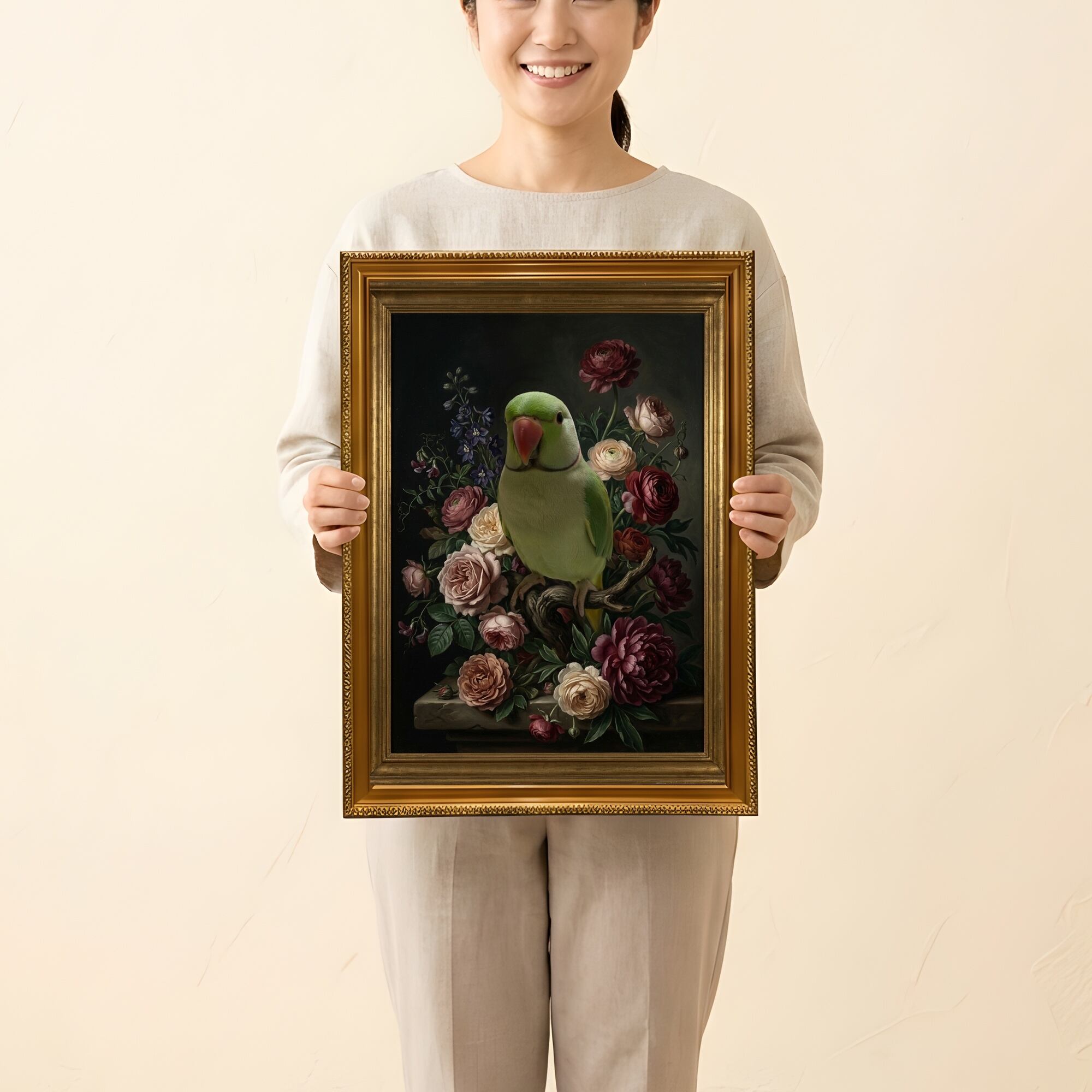 五百住乙人　インコ　油絵　F3号 インコ（インドオオハナインコ）の花の油絵風アート A3額装インテリア