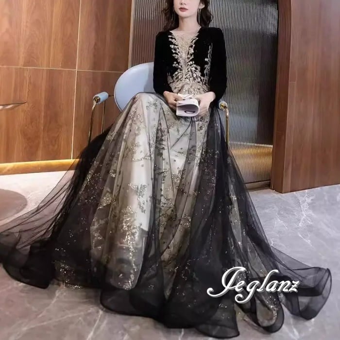 優雅 イブニングドレス ベルベット調 ビジュー 編み上げ 光沢感 (MA781)η