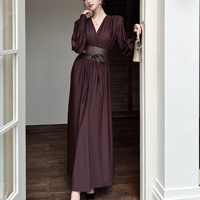 【CHERRYシリーズ】ロングワンピース Vネック フェミニン コーヒー色 ブラック S M L