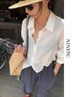 sheer side-gather wrinkled shirt 2color【NINE7891】