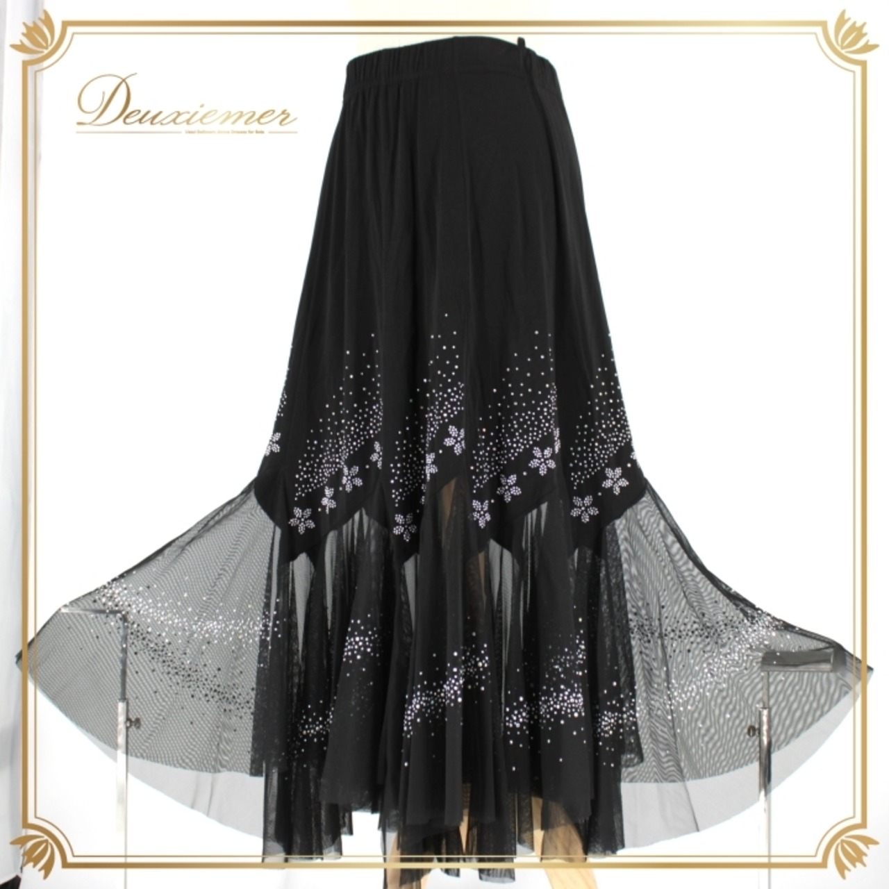 社交ダンス 衣装 スタンダード スカート レッスンウェア レディース オールシーズン 黒 ラインストーン ブラック系 レース 花柄 練習着 上品 モノトーン ブラック スカート 練習用 ダンスウェア フェミニン 上品デザイン ストレッチ素材 総丈 長め ウエストゴム 輝くラインストーン 花柄デザイン フレアスカート 女性用 スタイリッシュ 柔らかい ファッション 体型カバー 週末レッスン 特別な日の衣装