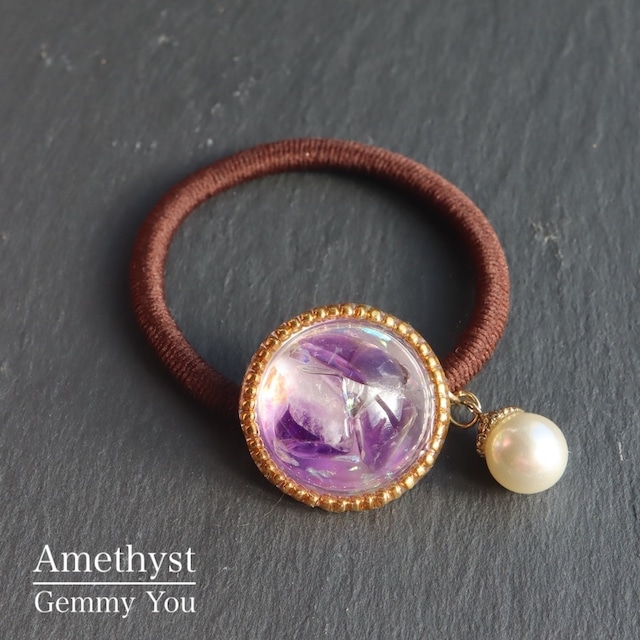 アメジスト レジン + ゴールド ビーズ 【石のきもち】 ホログラム ヘアゴム ブラウン 天然石 原石