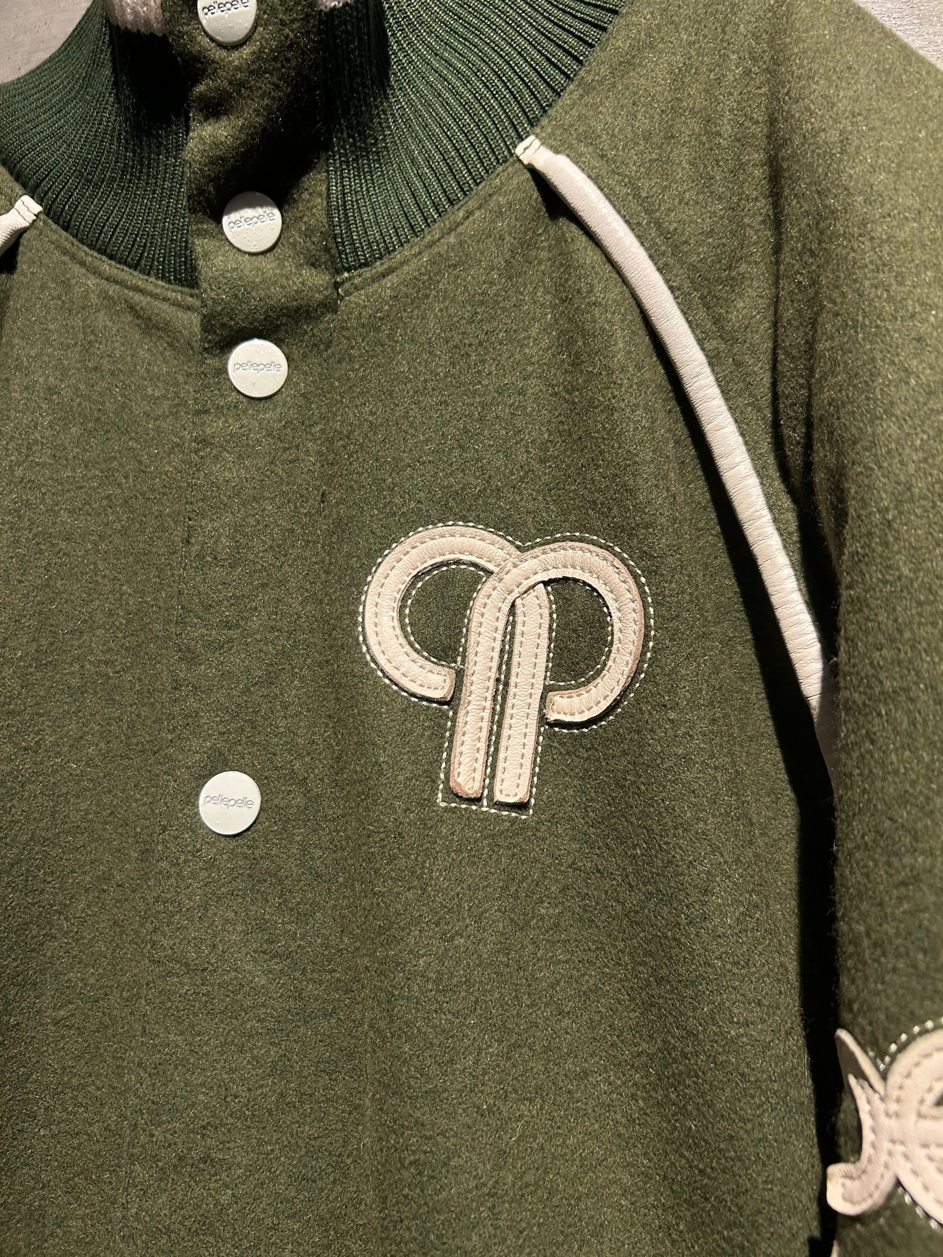 Caka】“Pelle Pelle” Logo Embroidery Wool Varsity Jacket | Caka