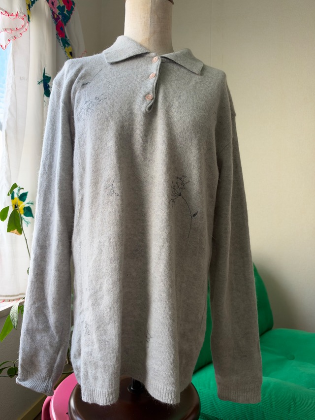 80s-90s Italy Made Angora Merino Wool Floral Embroidery Knit Polo