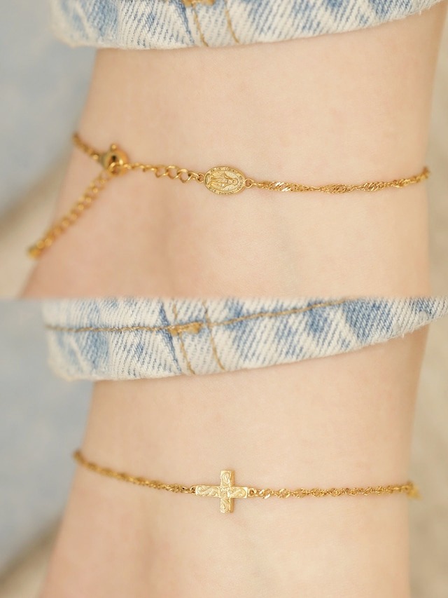 【 screw 】316L medai & cross anklet #a25