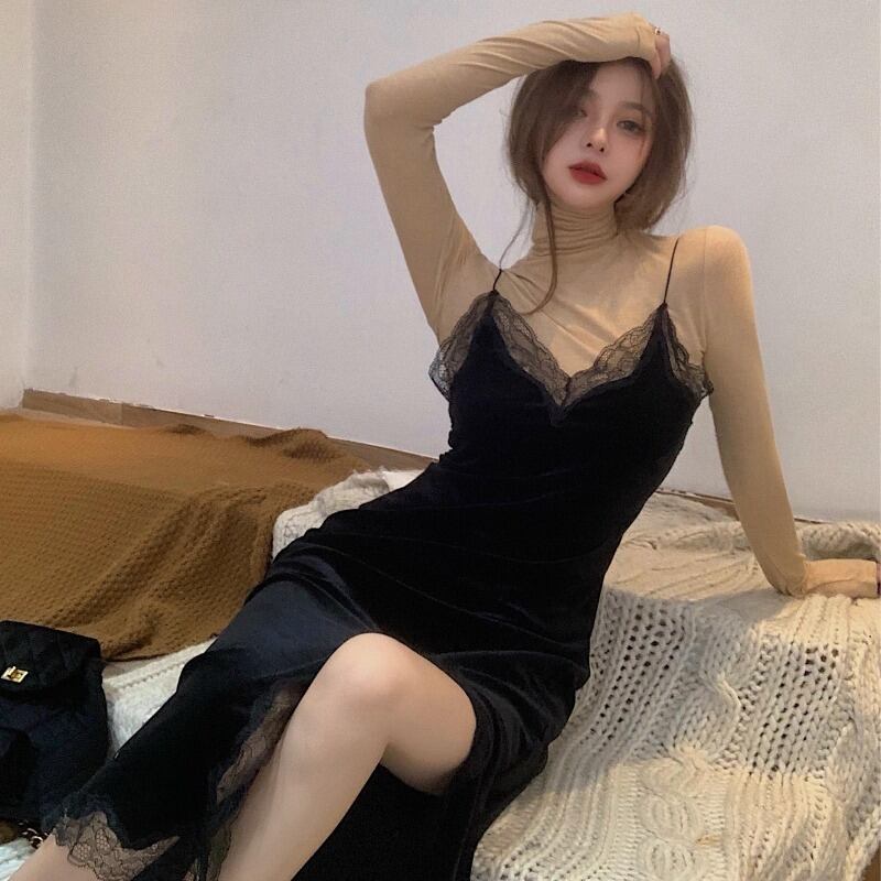 レースベルベットドレス レディースオータムウィンタースカート ブラックスリット 秋物 冬物 ブラックストロベリース22716453650