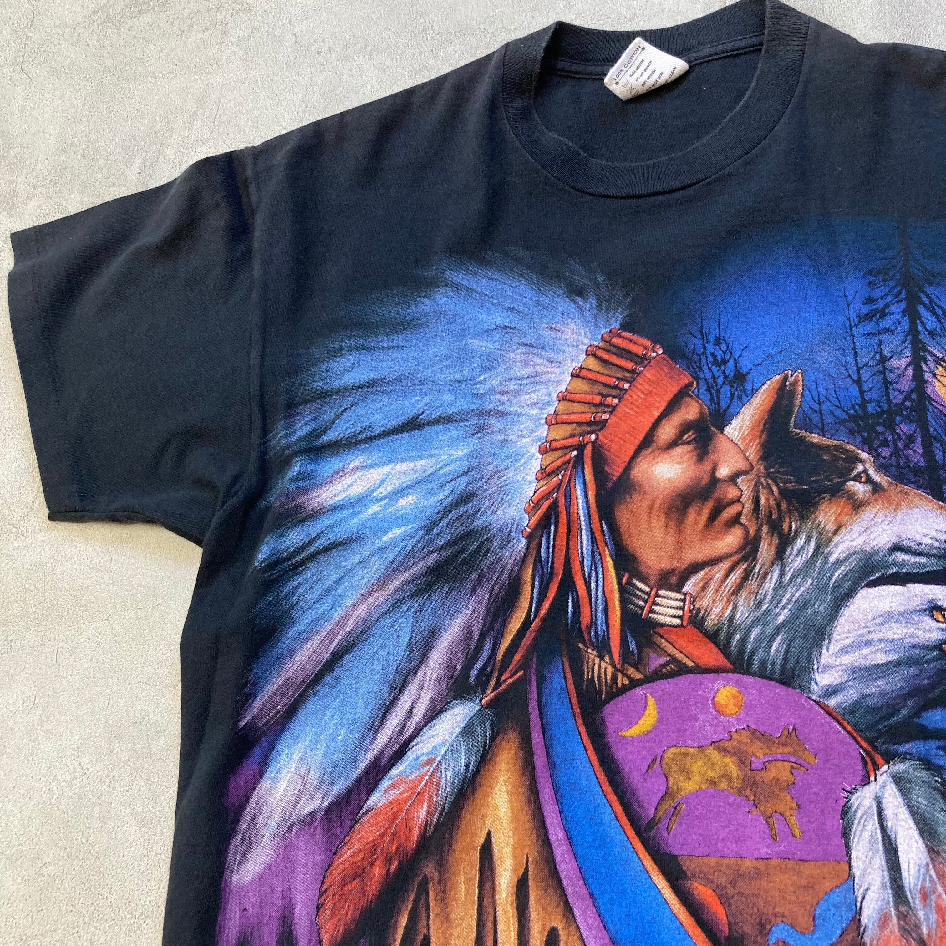 古着 92's USA製 シングルステッチ ネイティブアメリカン Tシャツ 90s USA製 ビンテージ ネイティブ インディアンヘッド ウルフ Tシャツ