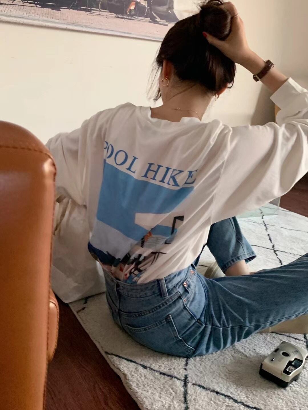 プリントオータムルーズ薄手ホワイトTシャツ トップス ロング 秋物 ビッグFスモールZ韓国77475865667