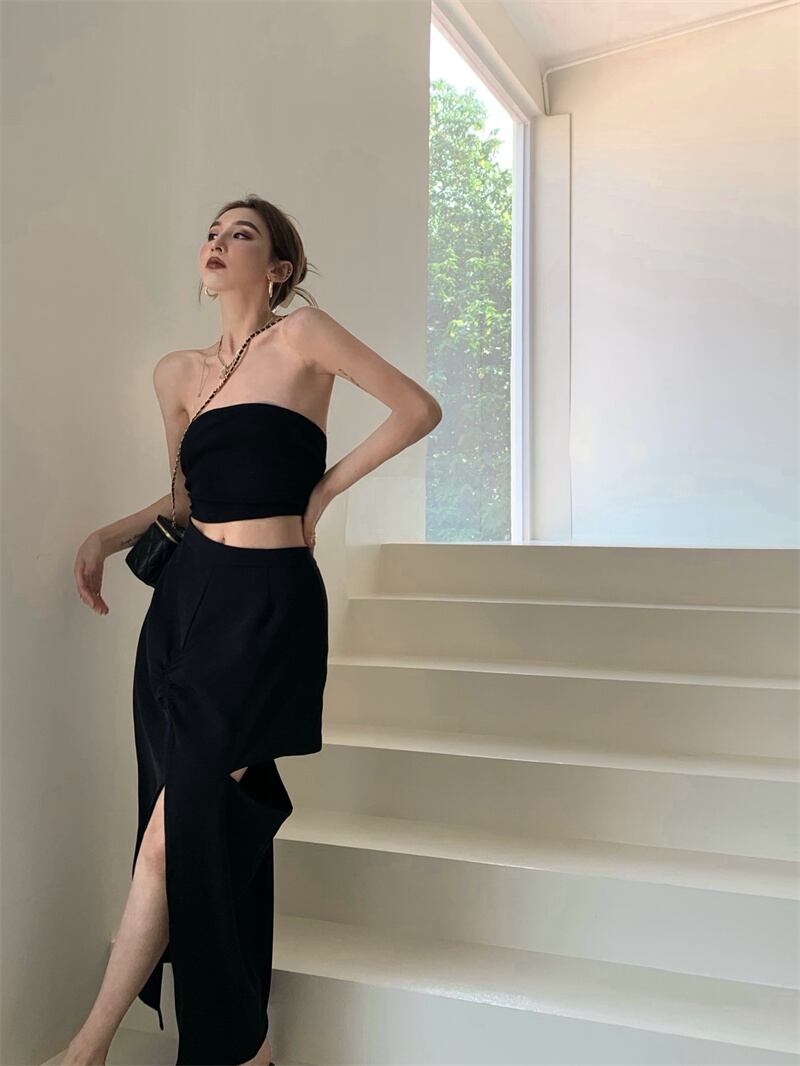 スカート ハイウェストウェスト薄手ロングサマー 夏物 ブラックストロベリース17643230190