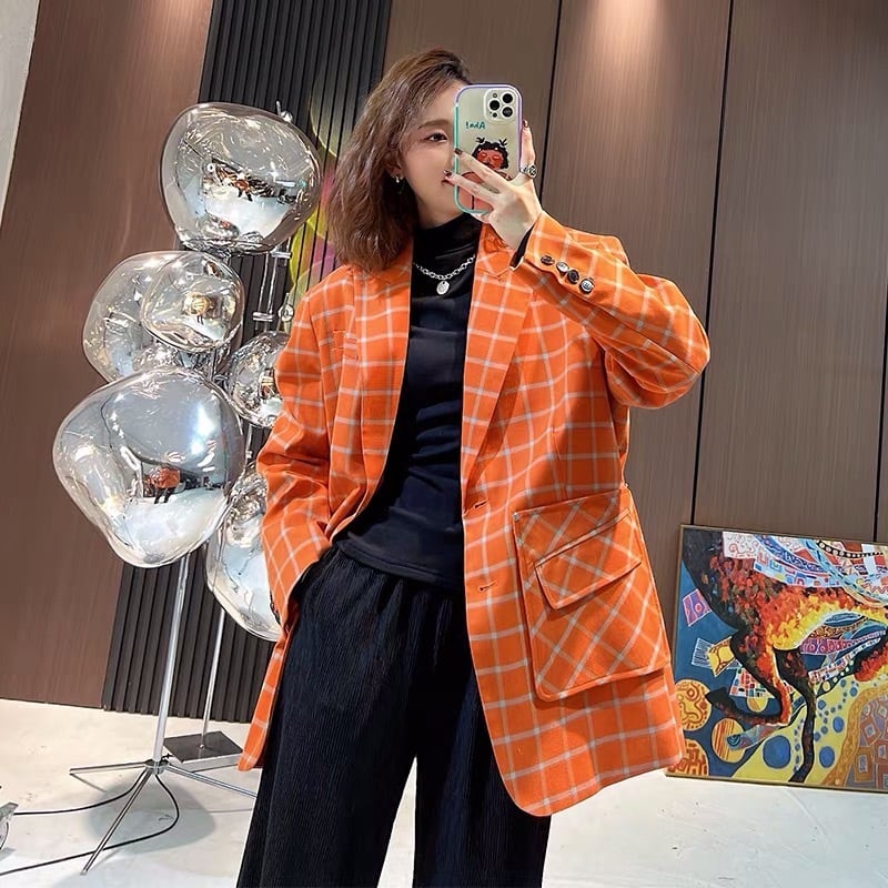 バイクジャケット オレンジ チェック柄 オレンジ チェック柄 ブレザー 上着