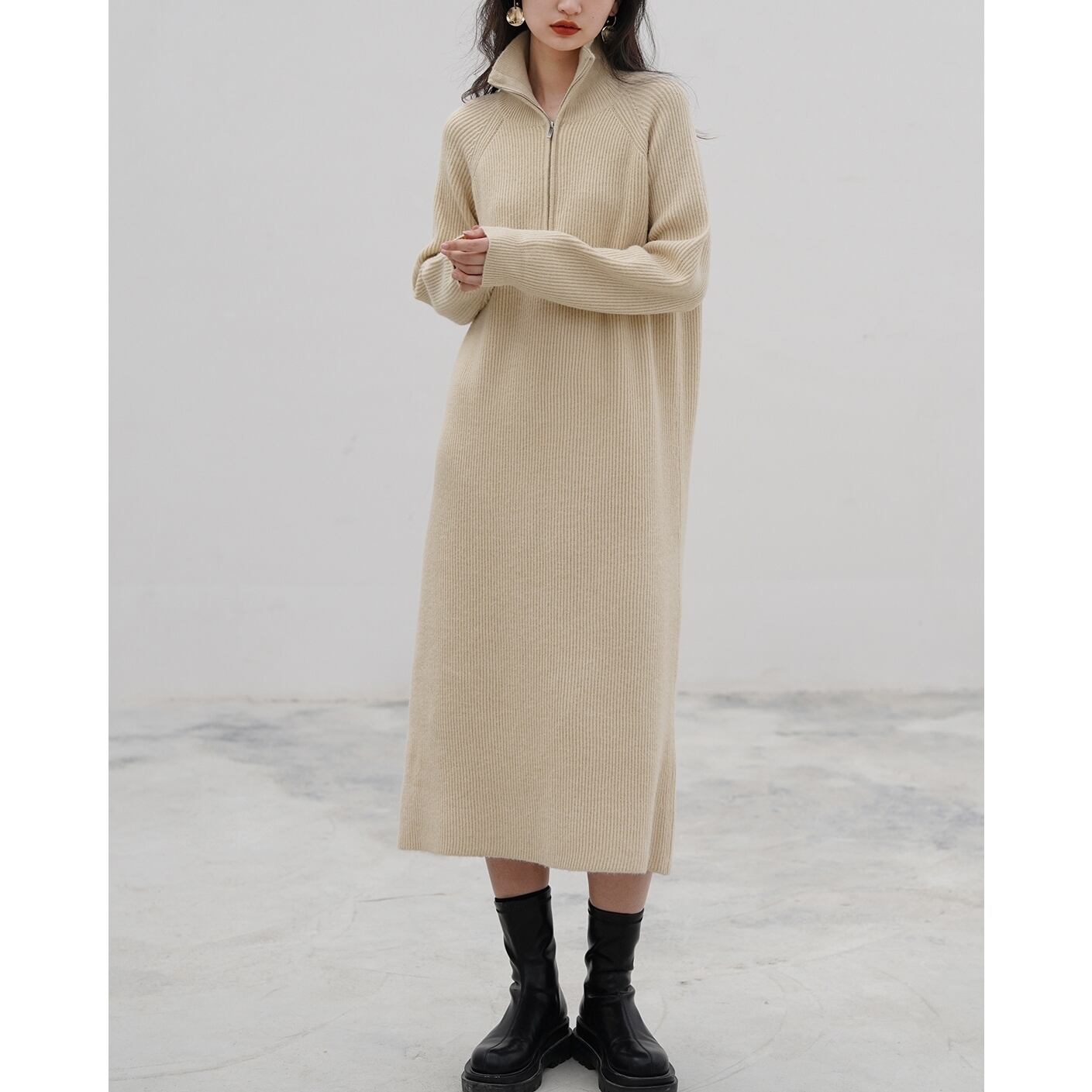 High Neck Zip Up Knit Onepiece D 1055 Blanks