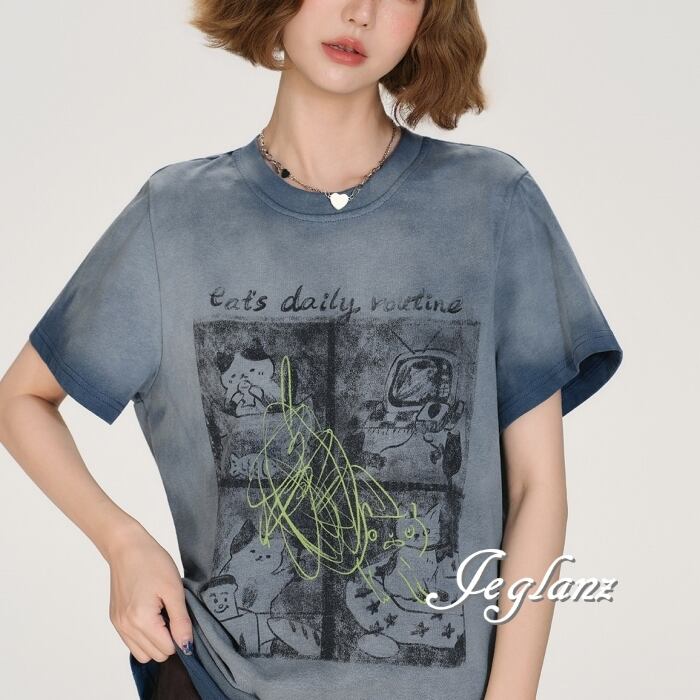 ウオッシュド ロゴ プリント ねこ Tシャツ ユニセックス ♪ (MC510)β