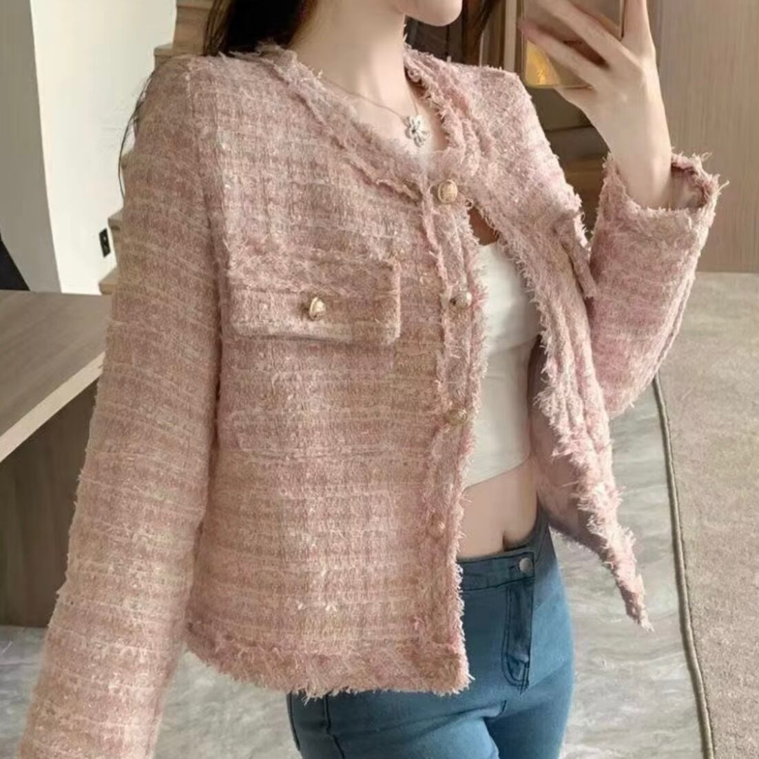 ツイードウールノーカラージャケット