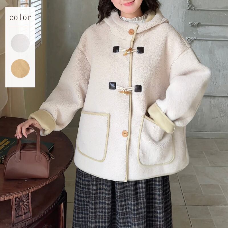 トグルボタンフード付きショートコート W1618