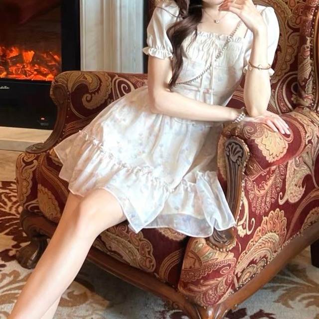 バックリボンシフォンスクエアネックワンピース＊T065