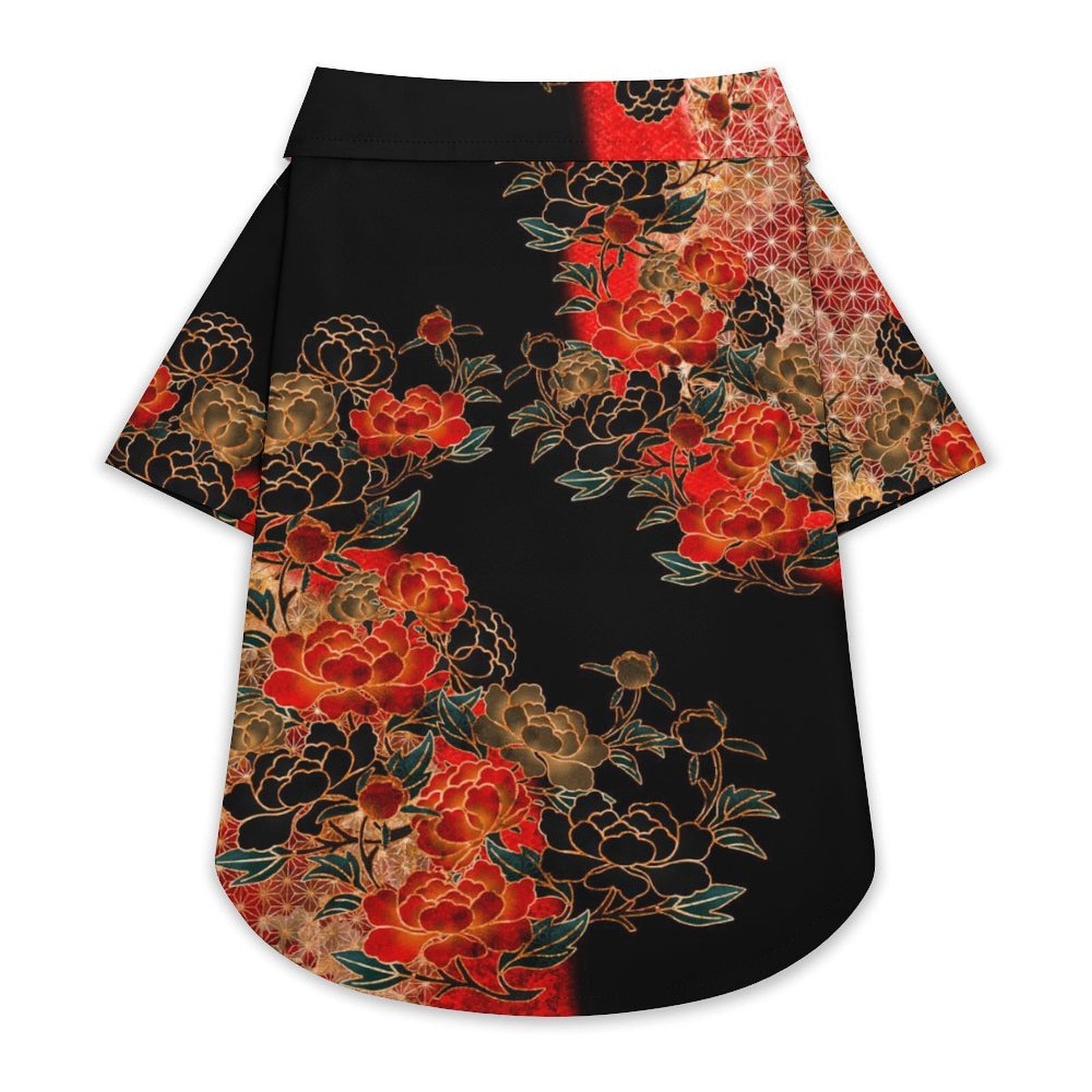 和紋様装飾　牡丹　黒　犬猫用アロハシャツ