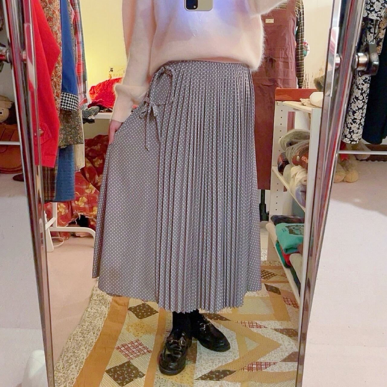 side ribbon dot pleats skirt